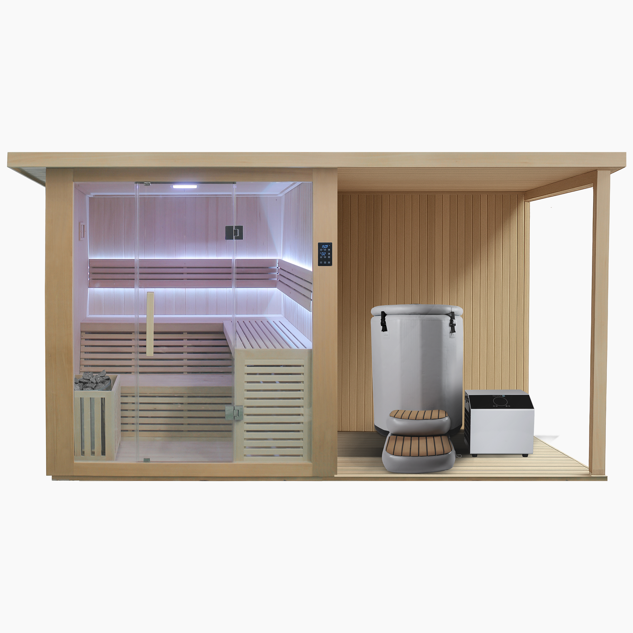 4 Person Extended Sauna & Inflatable Barrel Plunge